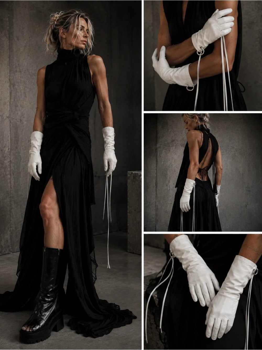 White Leather Gauntlet Gloves Silver piercings  & Leather Tassels Avant-Garde